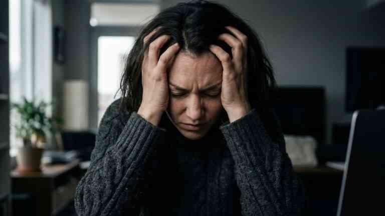 Zbliżenie na ciemnowłosą kobietę w szarym swetrze, o zestresowanym wyrazie twarzy, trzymającą głowę w dłoniach, odzwierciedlające zmaganie się z tym, jak przyjmować krytykę.