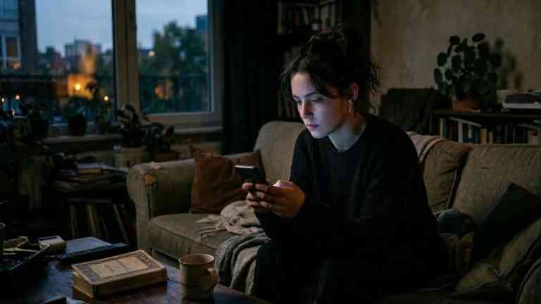 Młoda kobieta siedząca samotnie na kanapie w ciemnym mieszkaniu, wpatrzona w świecący ekran smartfona, co obrazuje jak współczesna miłość do siebie może maskować poczucie izolacji.