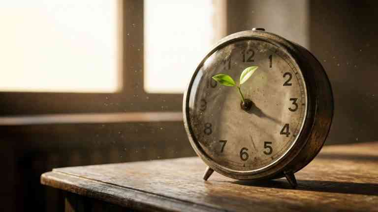 Stary zegar z kiełkującą rośliną jako symbol wyjścia z traumy, jaką jest toksyczna presja produktywności.
