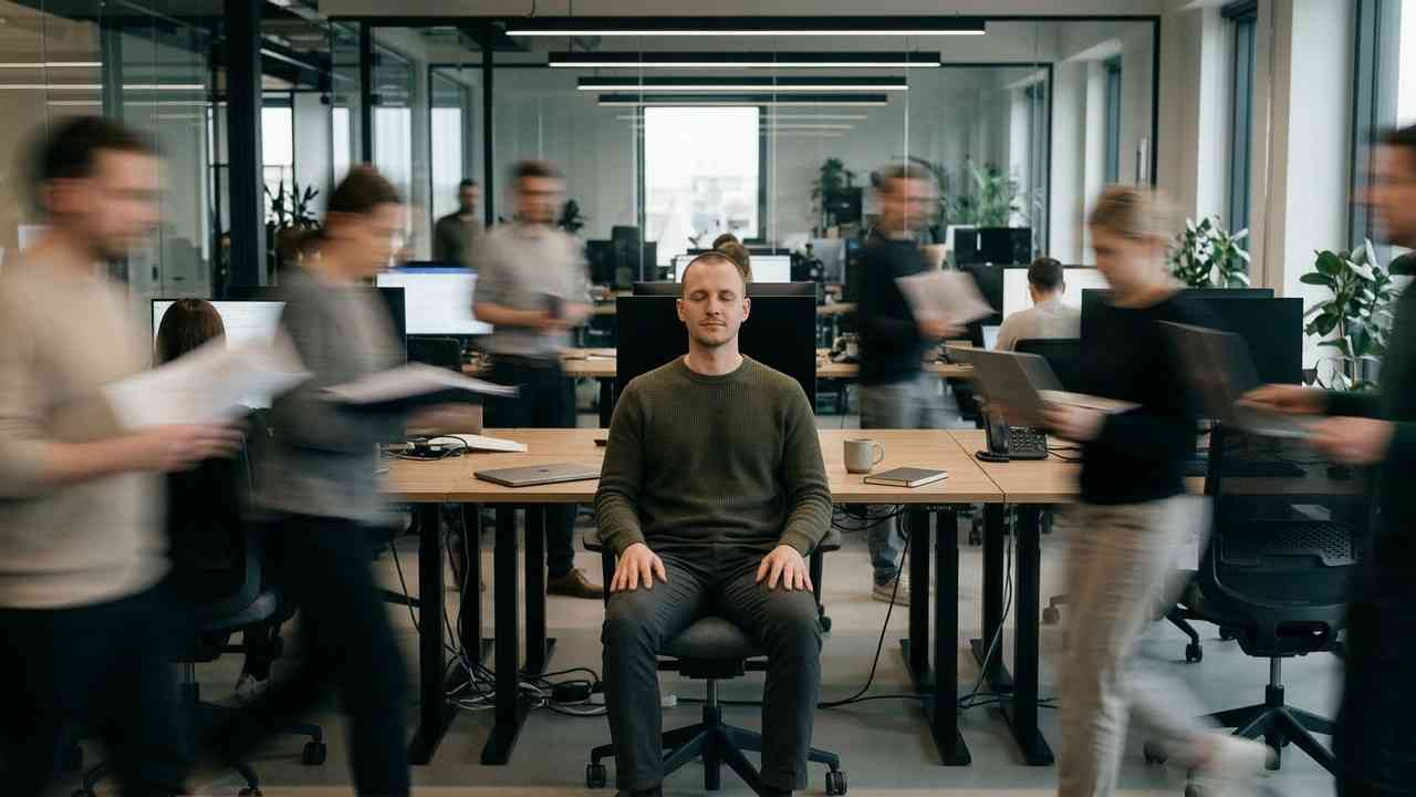 Objawy wypalenia zawodowego – dlaczego sukces tak bardzo boli? Na zdjęciu: Mężczyzna z zamkniętymi oczami w biurze, co obrazuje nieignorowane objawy wypalenia zawodowego.