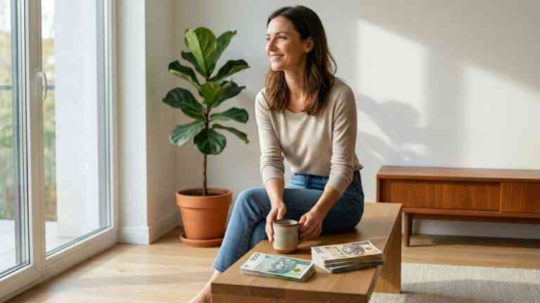 Spokojna kobieta siedząca na ławce z filiżanką i stosem polskich banknotów obok siebie w minimalistycznym salonie, co ilustruje, ile powinna wynosić poduszka finansowa.