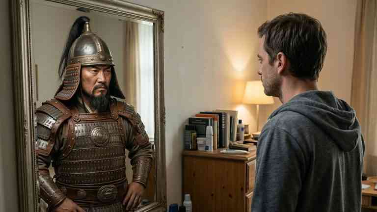 Mężczyzna widzi w lustrze odbicie mongolskiego wojownika. Metafora faktu, że współcześnie żyją potomkowie Czyngis-chana.