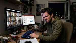 Zmęczony, sfrustrowany pracownik trzyma się za głowę przed ekranem z dziewięcioosobowym wideoczatem i wykresem; praca bez spotkań jako rozwiązanie stresu.