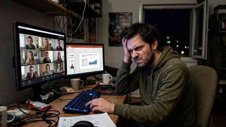 Zmęczony, sfrustrowany pracownik trzyma się za głowę przed ekranem z dziewięcioosobowym wideoczatem i wykresem; praca bez spotkań jako rozwiązanie stresu.