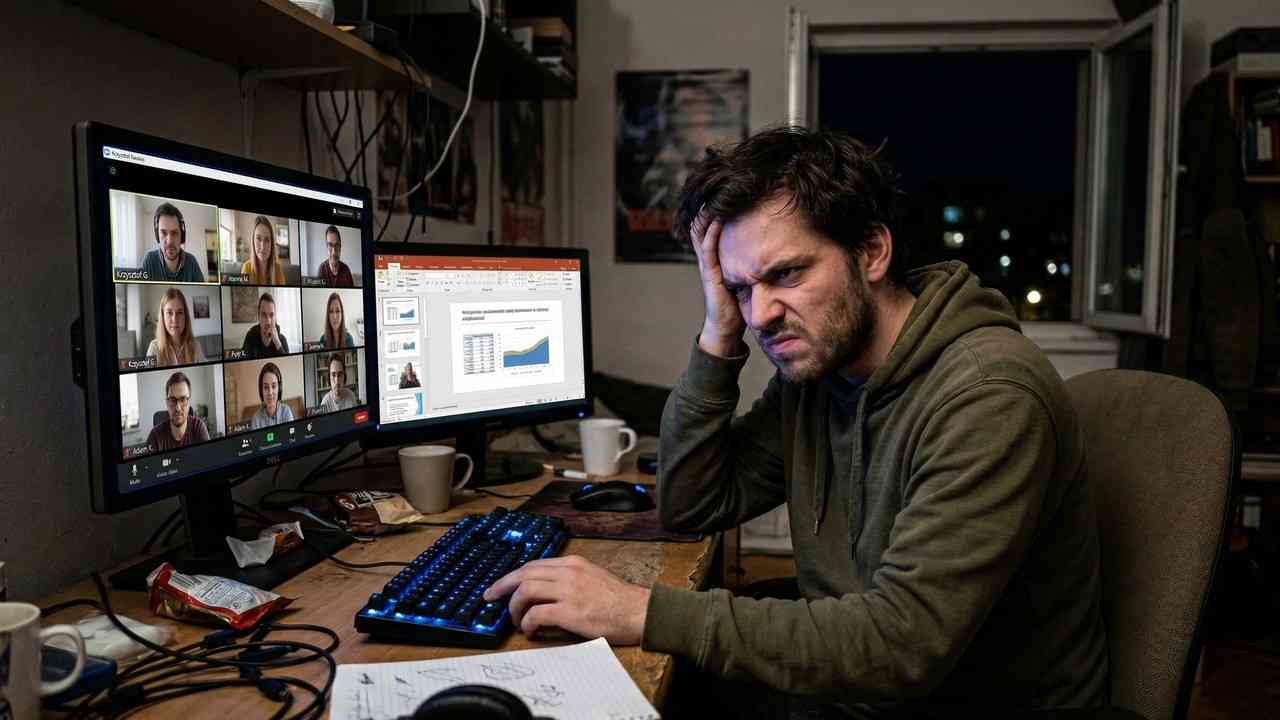 Zmęczony, sfrustrowany pracownik trzyma się za głowę przed ekranem z dziewięcioosobowym wideoczatem i wykresem; praca bez spotkań jako rozwiązanie stresu.