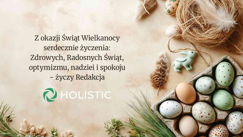 Kartka wielkanocna z życzeniami, pisanki, zajączek i wiosenne dekoracje