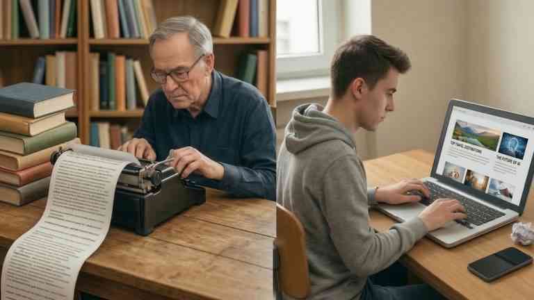 Dwa połączone zdjęcia przedstawiające ewolucję komunikacji: starszego uczonego przy maszynie do pisania oraz młodego człowieka przy laptopie, ilustrujące uproszczenie języka polskiego.
