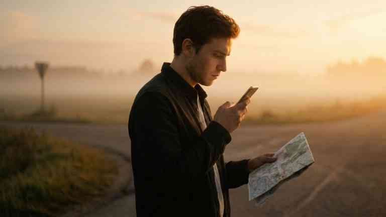 Mężczyzna na mglistym skrzyżowaniu wpatruje się w świecący ekran smartfona, ilustrując zjawisko znane jako uzależnienie od GPS.