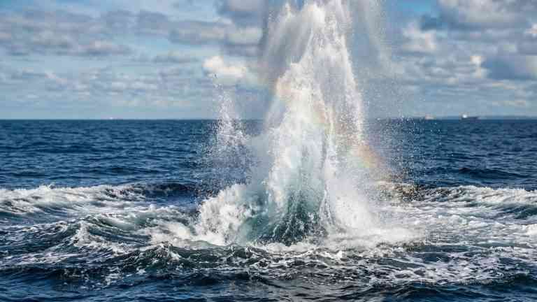 Potężna, naturalna fontanna morskiej wody tryskająca w górę woda na ziemi, ukazująca siłę natury pod pochmurnym niebem.