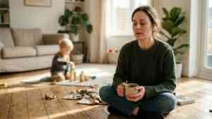 Kobieta w chwili wytchnienia z kubkiem napoju siedzi na podłodze obok bawiącego się w tle dziecka – wystarczająco dobra mama.