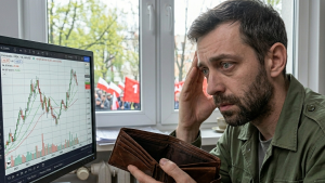 Mężczyzna myślący o pracy bez sensu, wpatrzony w wykres cen i pusty portfel. Za oknem – 1 maja.