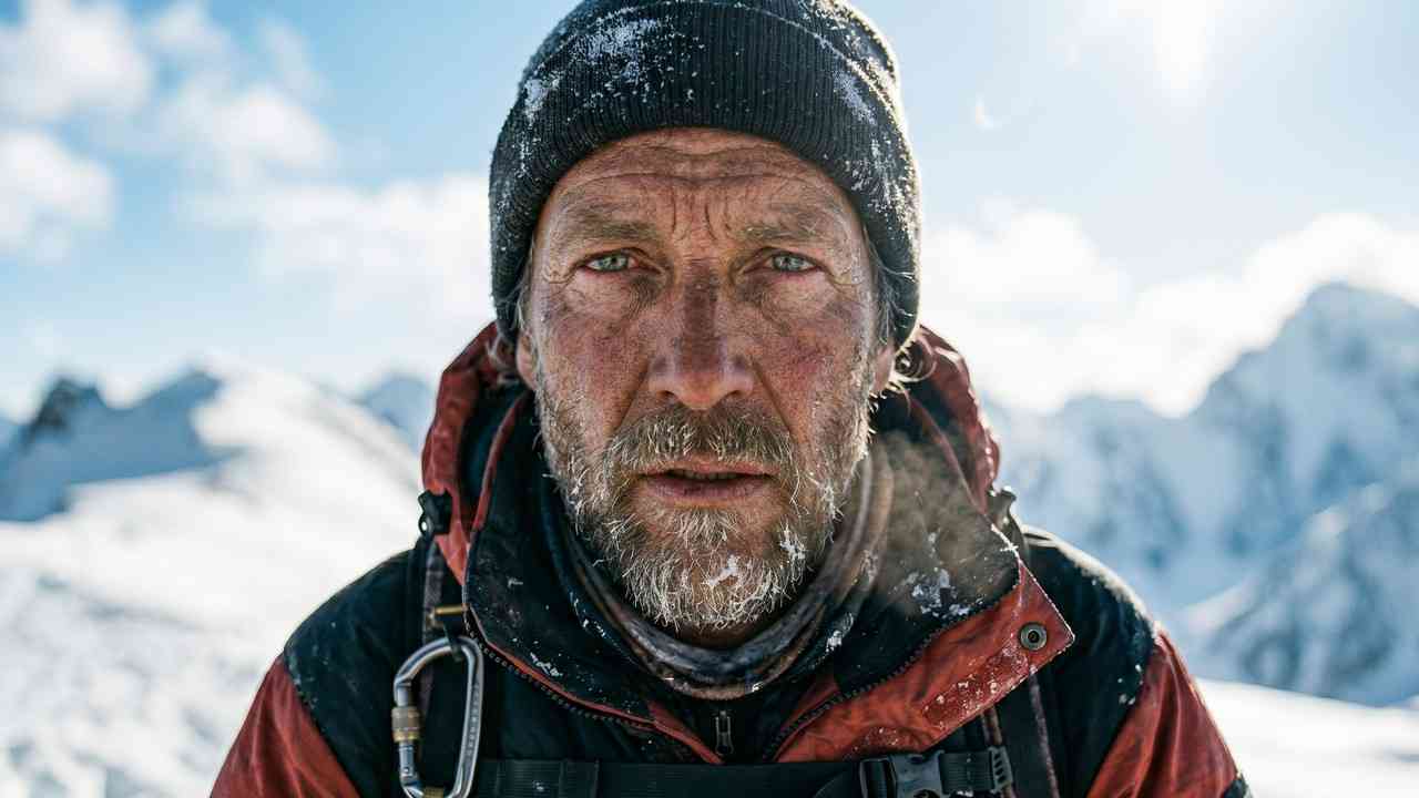 Portret zmęczonego wspinacza z oszronioną brodą na tle ośnieżonych szczytów – temat: polscy himalaiści i ich rodzina.