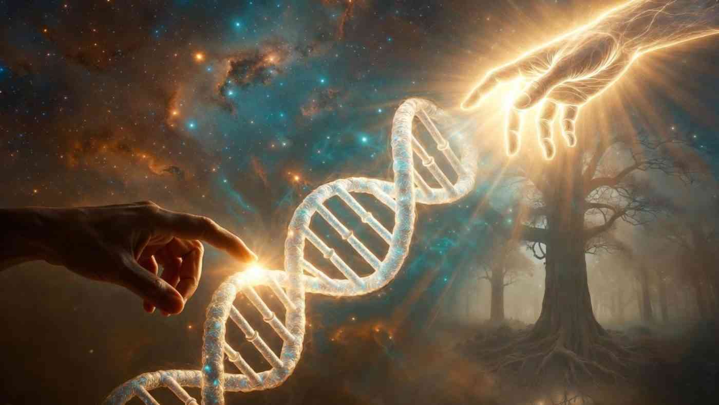 Łańcuch DNA i dotykające go dwie dłonie, symbolizujące modyfikację DNA człowieka
