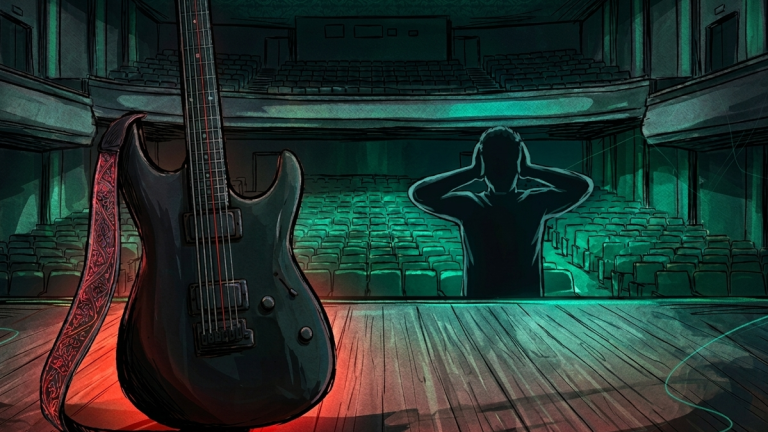 Gitara rockowa w pustej sali z ludzką sylwetką zatykającą uszy w tle, symbolizują zakazywanie koncertów metalowych