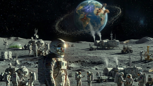 Astronauci na Księżycu z Ziemią w tle i pytaniami o nowy wyścig kosmiczny