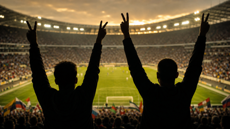 Kibice na stadionie z rękami uniesionymi w geście zwycięstwa, obrazujący relację: sport i polityka