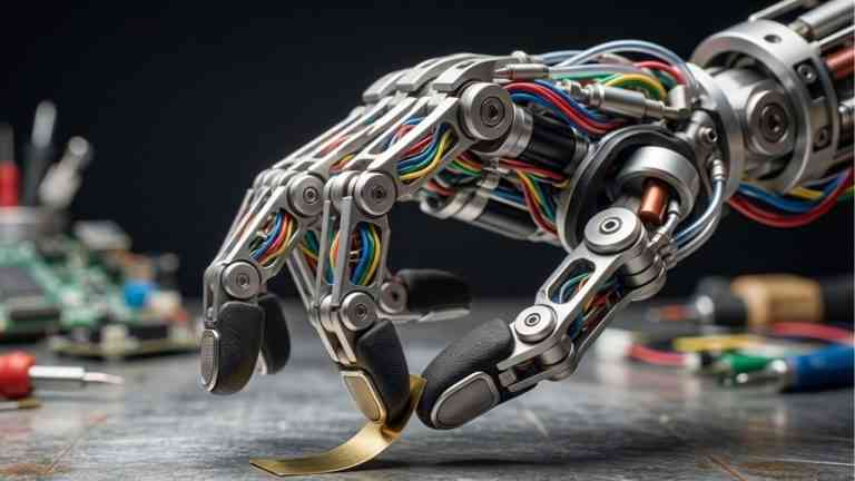 ręka robota podnosi cienki złoty fragment materiału