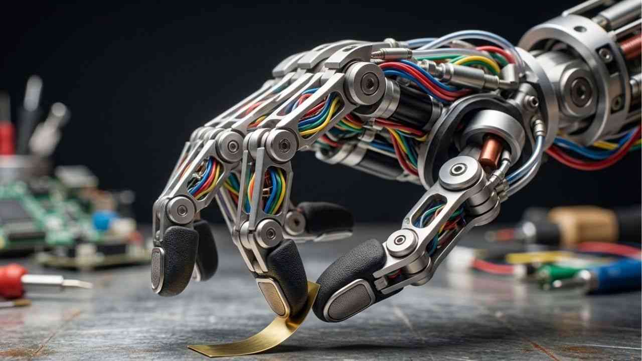 ręka robota podnosi cienki złoty fragment materiału