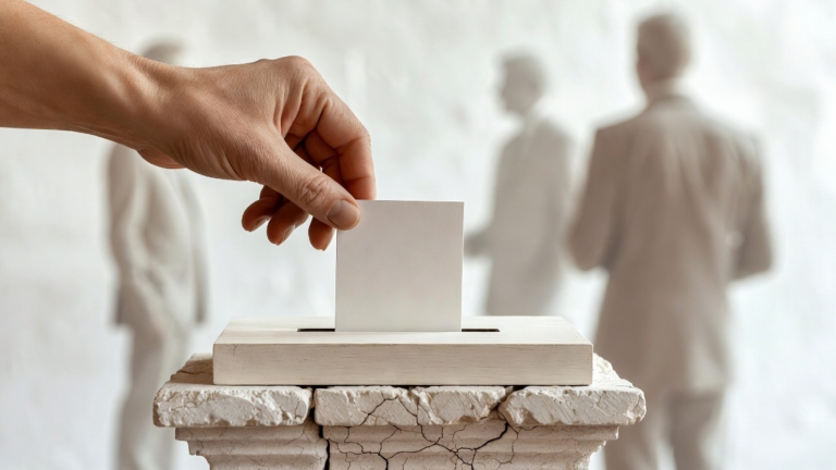 Dłoń wrzucająca kartę do popękanej urny symbolizująca referendum w demokracji