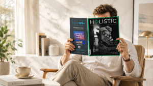 Mężczyzna czytający nowy numer magazynu Holistic News