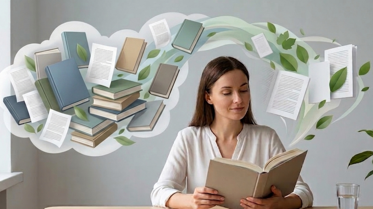 Kobieta z książka ilustrująca jak dbać o mózg dzięki diecie informacyjnej