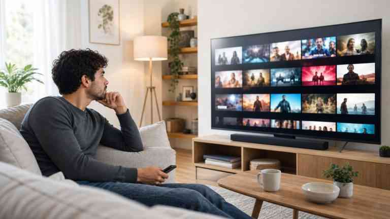 Znudzony mężczyzna siedzący przed telewizorem, zastanawiający się jaką lubimy rozrywkę