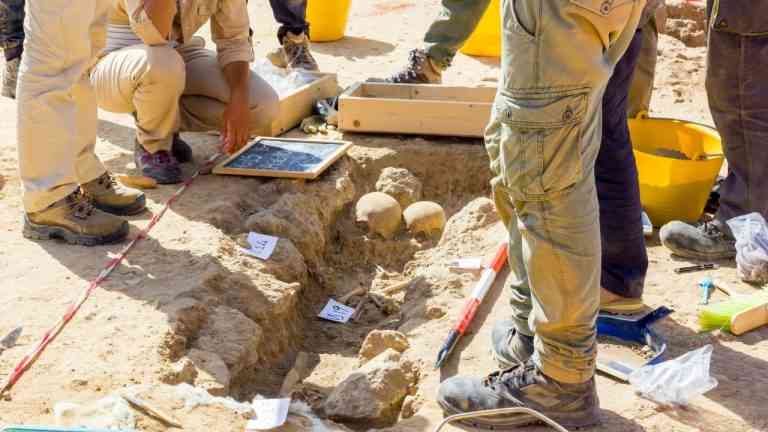 mężczyźni pracują przy wykopalisku archeologicznym i pochówku w kręgu