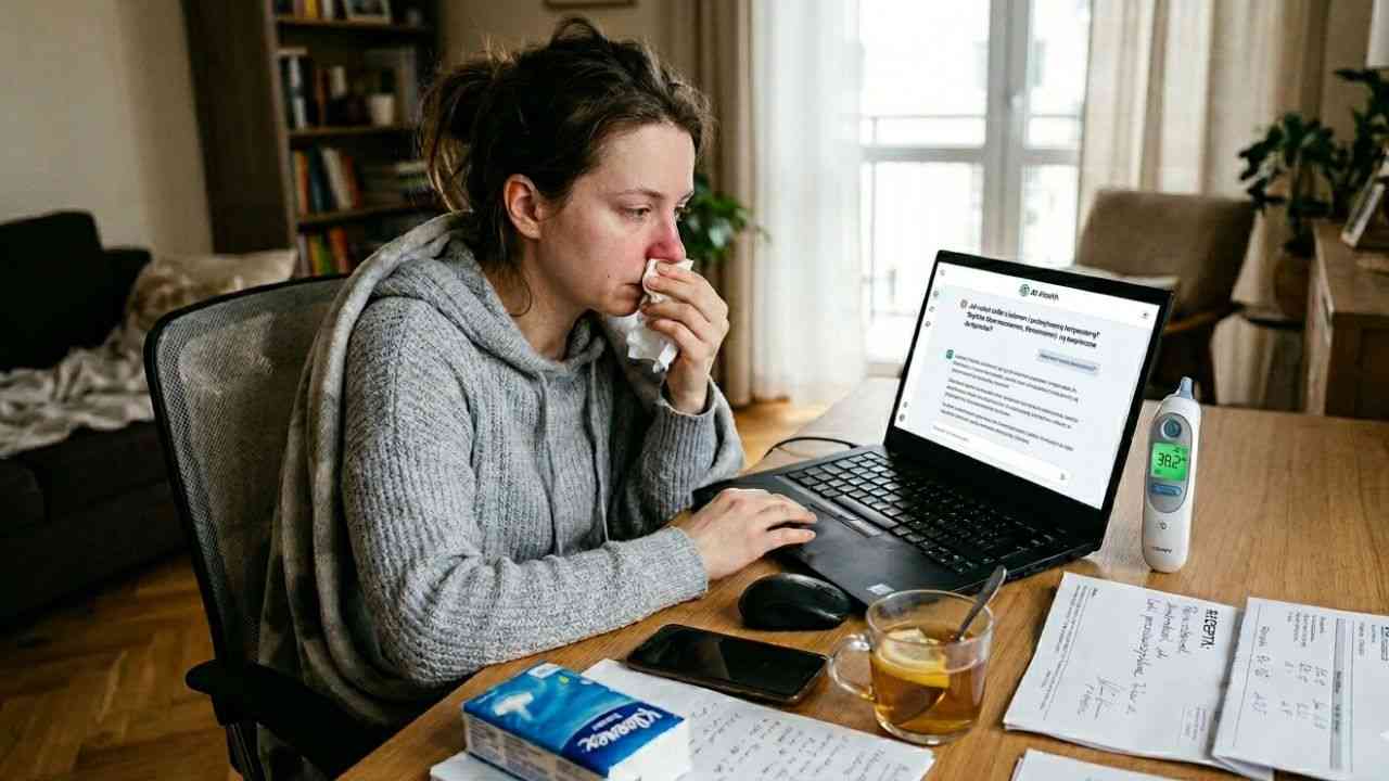 kobieta pisze laptopie, sprawdzając porady medyczne w AI