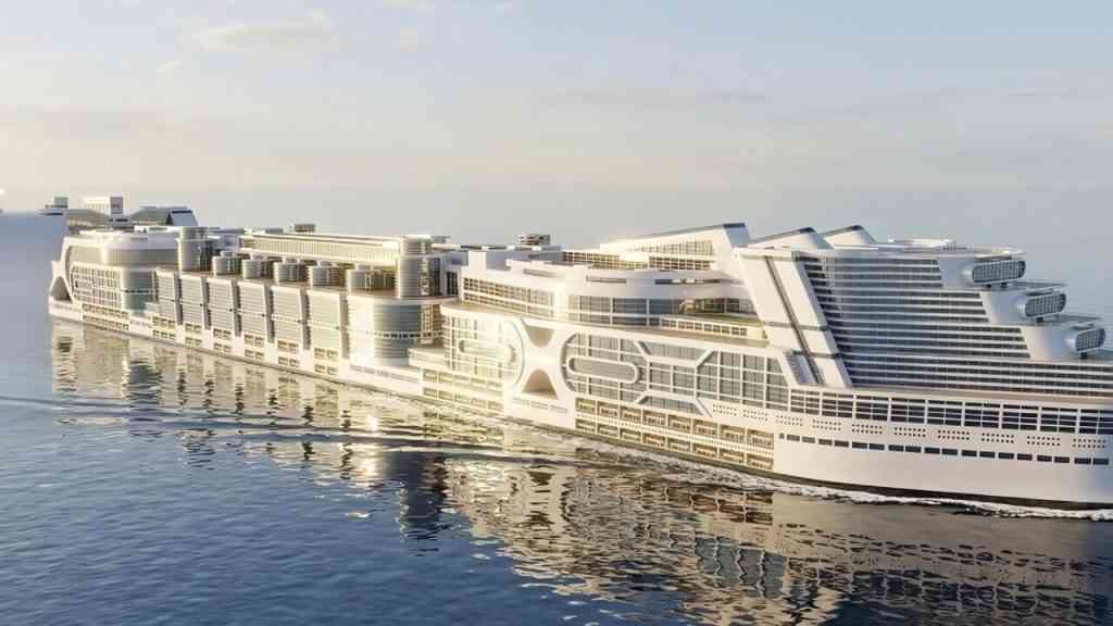 Wizualizacja ogromnego statku przyszłości na oceanie, przedstawiająca projekt Freedom Ship jako pływające miasto i symbol marzenia o państwie bez podatków.