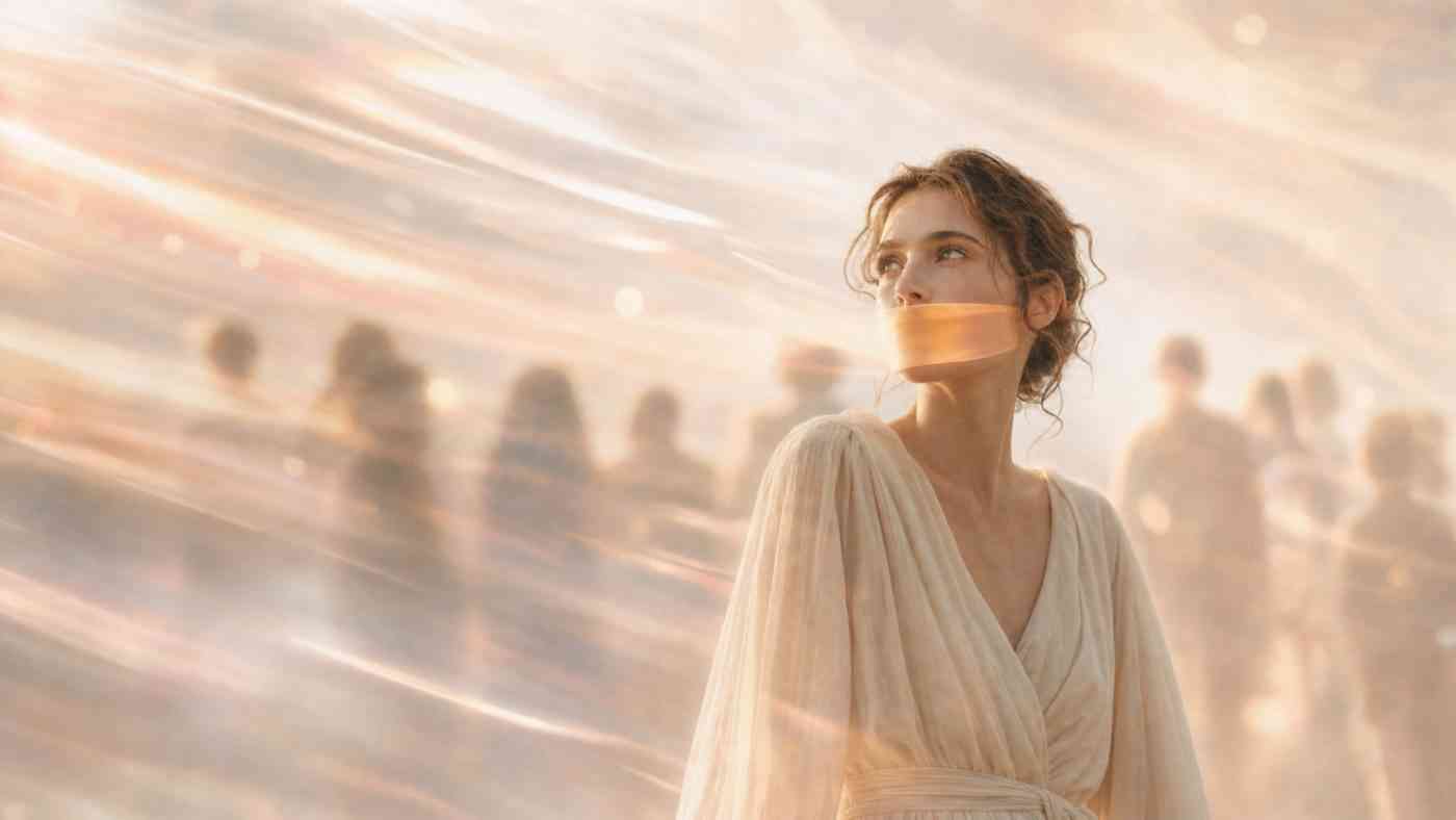 Kobieta z zasłoniętymi ustami symbolizująca granice wolności słowa określane przez empatię