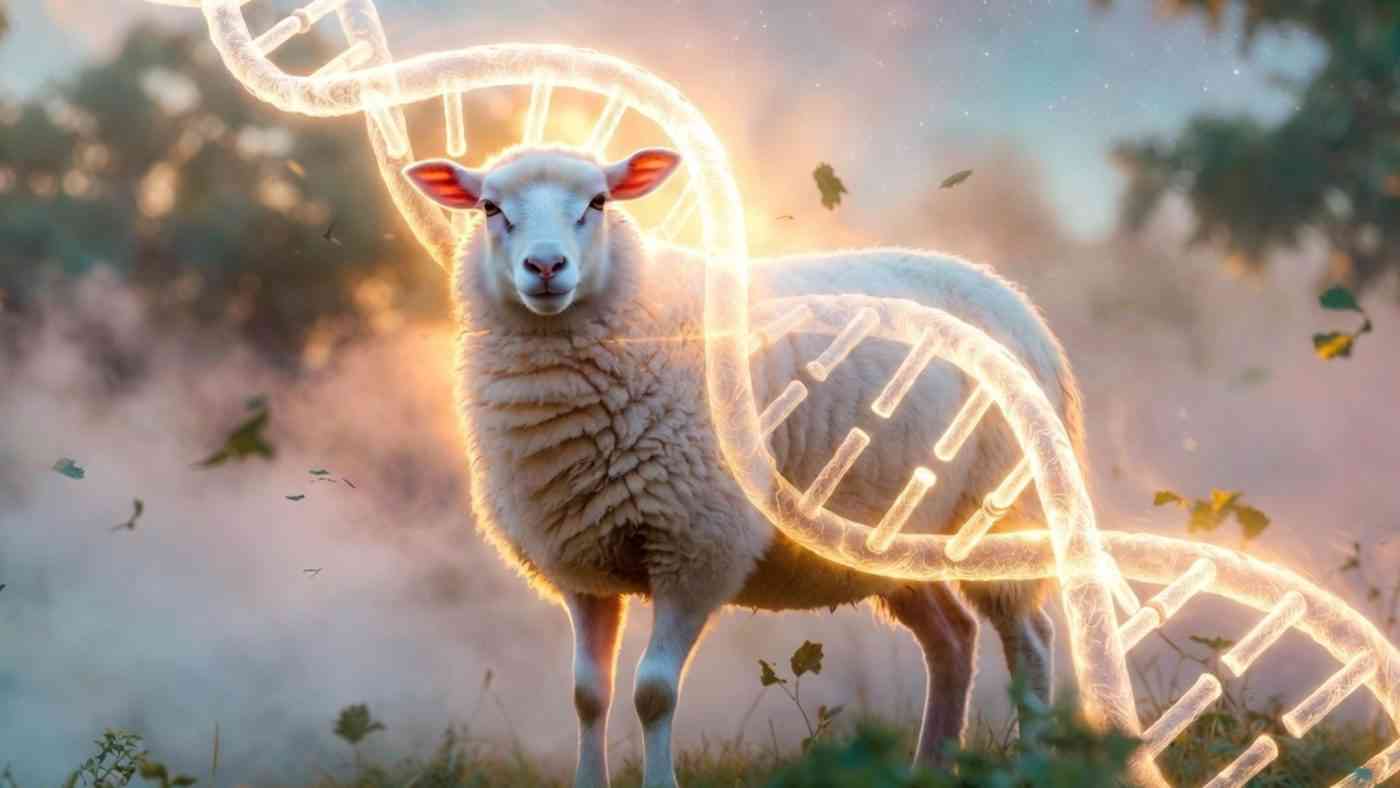 Jak działa klonowanie? Symboliczne zdjęcie owcy oplecionej świecącą nicią DNA