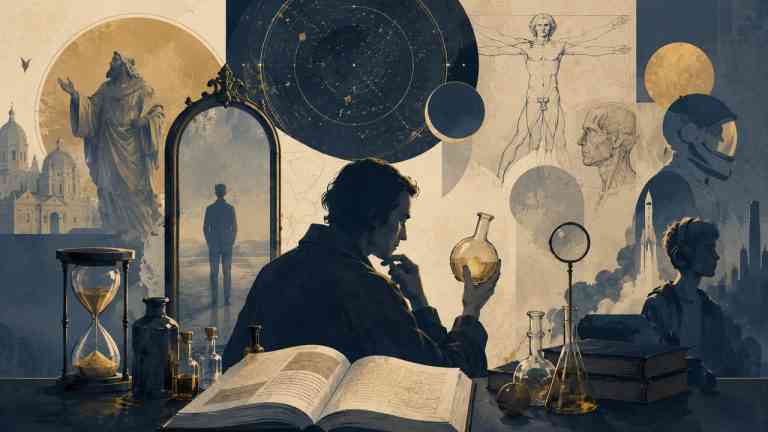 Alchemik bada eliksir życia wśród ksiąg i symboli różnych epok, rozważając, czy warto żyć wiecznie.