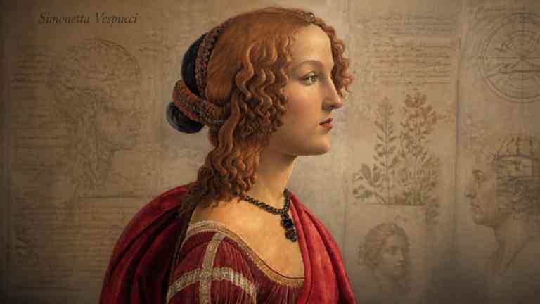 Portret Simonetty Vespucci na tle renesansowych szkiców anatomicznych i medycznych dokumentów jako symbol diagnozy po latach
