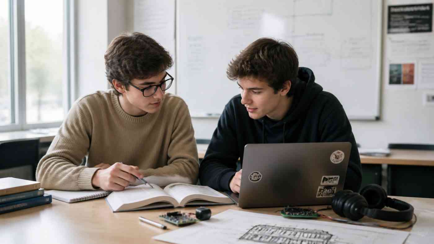 Dwóch uczniów przy tej samej ławce – książka i laptop jako metafora tego, że rodzaje inteligencji człowieka łączą mądrość szkolną i życiową.