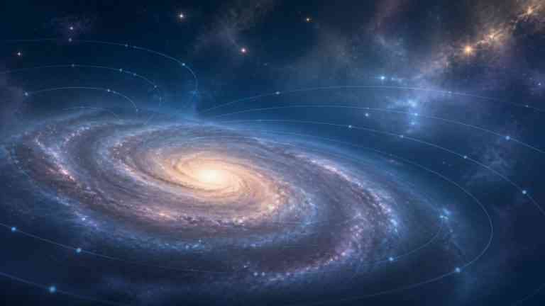 Jasna spiralna galaktyka na tle kosmosu symbolizująca zagadkę ciemnej materii