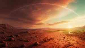 Marsjański krajobraz z delikatną poświatą sugerującą możliwość zmiany klimatu Marsa