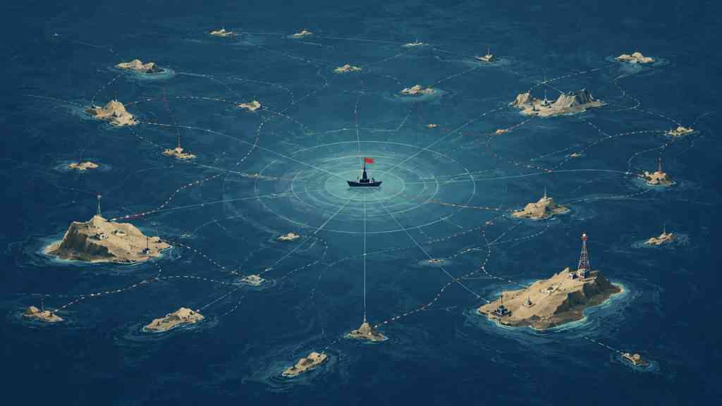 Ilustracja archipelagu połączonego siecią morskich tras z okrętem w centrum.