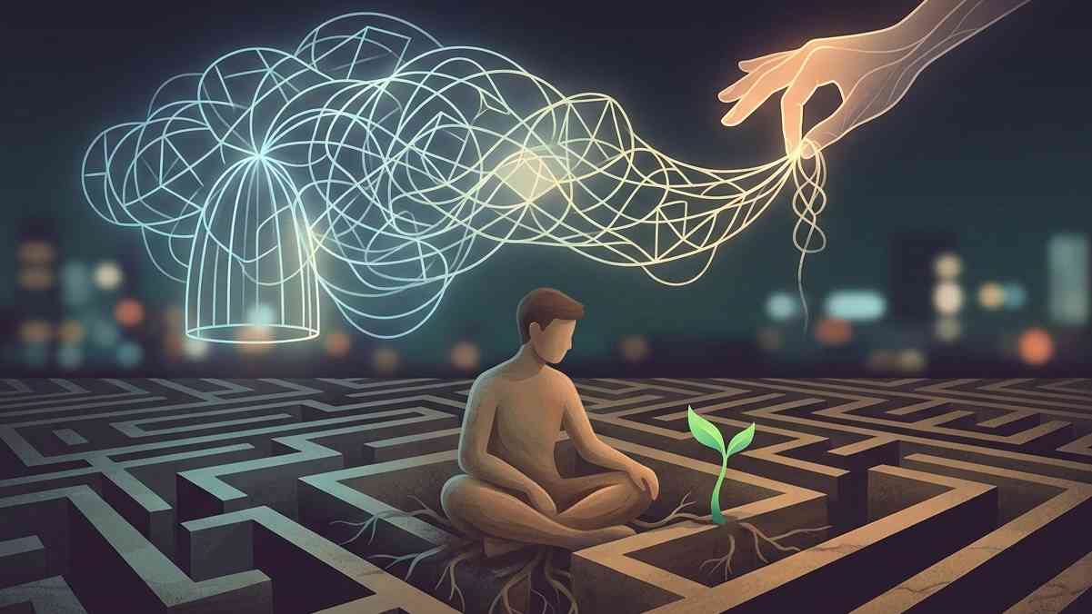 Ilustracja symbolizująca dylematy, jakie niesie duchowość młodych ludzi: postać medytująca w labiryncie, nad którą unosi się świecąca klatka
