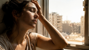 Zmęczona kobieta przy oknie podczas fali upałów. Zdjęcie ilustruje wpływ upałów na psychikę i samopoczucie.