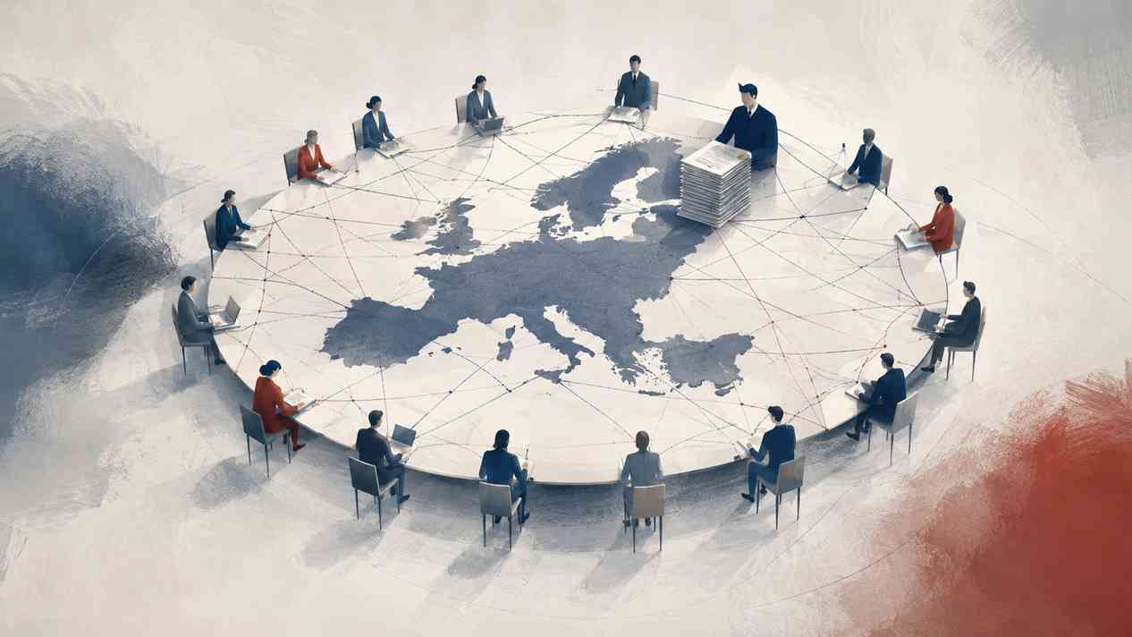 Symboliczna ilustracja pokazująca Niemcy w UE przy okrągłym stole negocjacyjnym z mapą Europy i siecią powiązań między państwami.