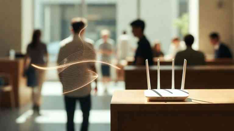 Router Wi-Fi we wnętrzu kawiarni z subtelnymi smugami fal radiowych nakładającymi się na sylwetkę przechodzącej osoby, symbolizujący dyskretną inwigilację przez internet