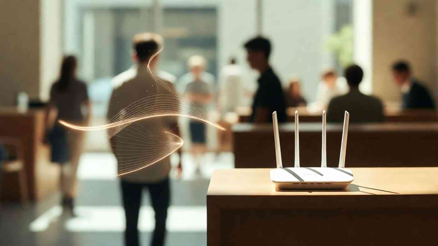 Router Wi-Fi we wnętrzu kawiarni z subtelnymi smugami fal radiowych nakładającymi się na sylwetkę przechodzącej osoby, symbolizujący dyskretną inwigilację przez internet