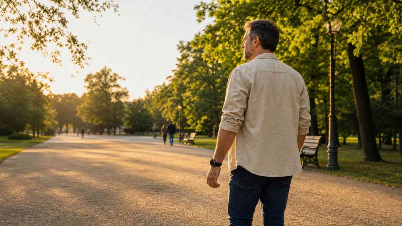 Mężczyzna idzie parkową alejką o zachodzie słońca - ile kroków dziennie ma znaczenie dla zdrowia?