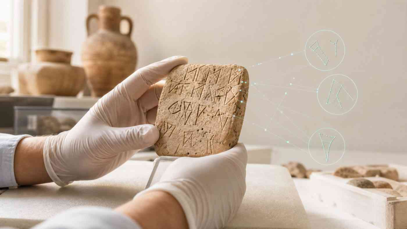 Naukowiec analizuje glinianą tabliczkę z dawnymi znakami wykorzystując AI w archeologii