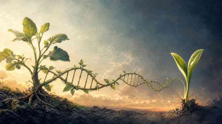 Roślina połączona z młodym pędem motywem DNA, ilustrująca dziedziczenie cech nabytych