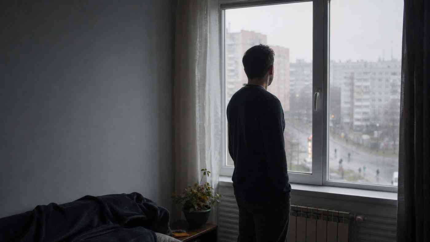 Mężczyzna stojący przy oknie w mieszkaniu, symbolizujący lęk przed ludźmi i izolację
