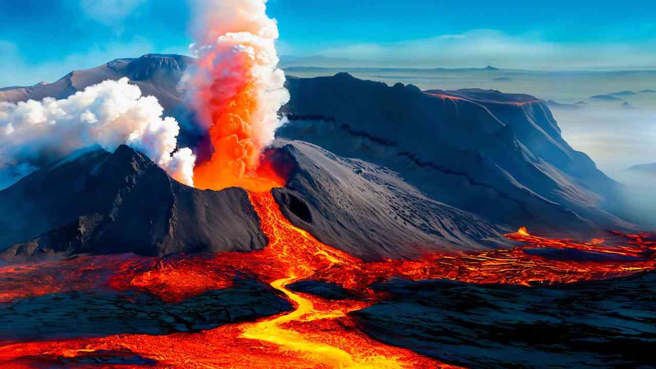 wulkan w erupcji dym rozchodzi się w powietrze, co daje nam pytanie, skąd się biorą kataklizmy