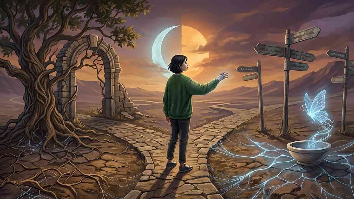 Osoba stojąca na rozdrożu dróg w melancholijnym krajobrazie, co symbolizuje to, jak w codziennym życiu realizuje się wolna wola człowieka.