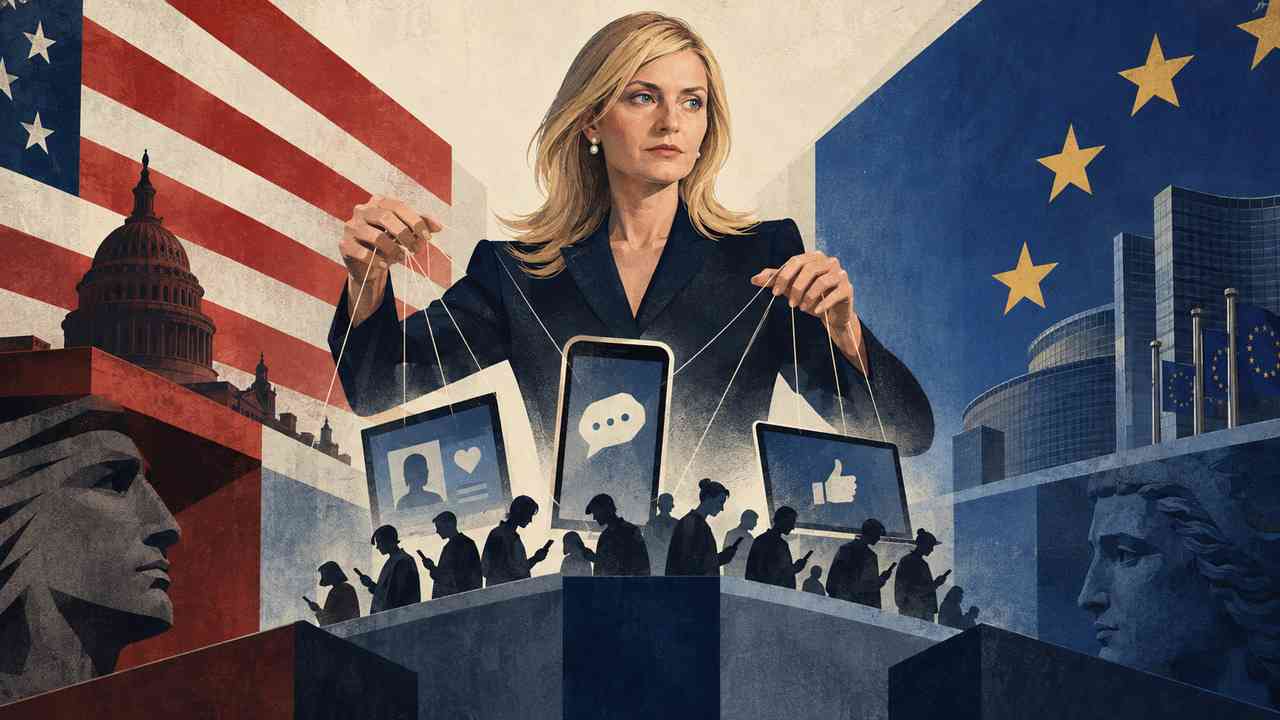 Symboliczna ilustracja prasowa przedstawiająca amerykańską dyplomatkę między symbolami USA i Unii Europejskiej, sterującą ikonami smartfona i mediów społecznościowych w sporze o wolność słowa w internecie.