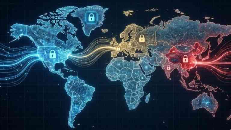 mapa świata w cyfrowym wymiarze z kłódkami co pokazuje powiązanie cyfryzacja a geopolityka
